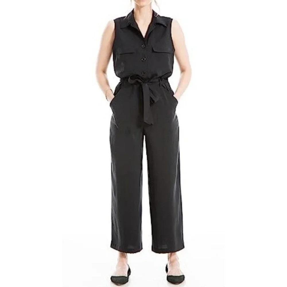 Max Studio Women's Black‎ Sleeveless With Waist Tie Collared Jumpsuit Size S